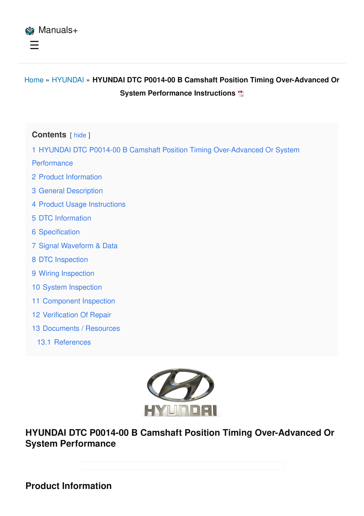 Hyundai Dtc P0014 00 B Camshaft Position Timing Over Advanced Or System Performance